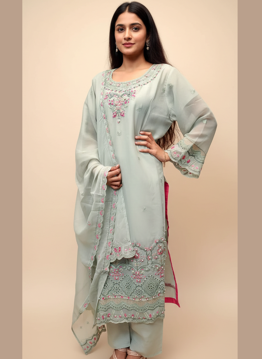 Luxe Bloom: Premium Embroidered Pure Chiffon 3-Piece Suite (Available in 4 Exquisite Colors)