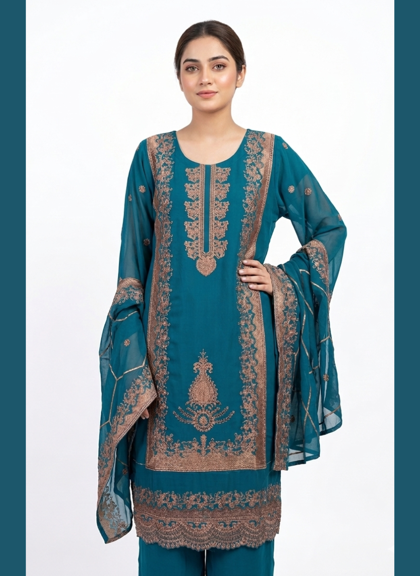 Luxury Zari Embroidered Pure Chiffon 3-Piece Suit – Press Nug Work | 6 Elegant Colors