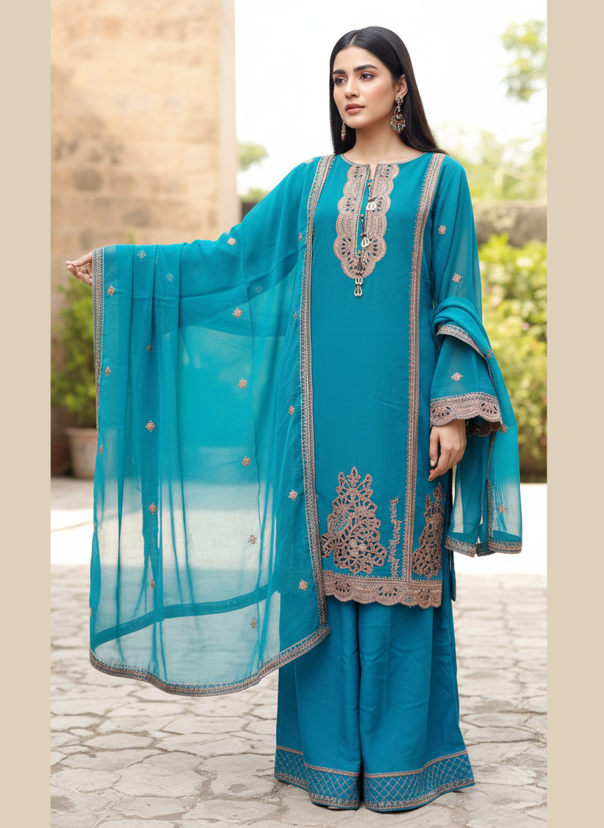New Arrival Premium Chiffon 3PC Suit | Laser Cut Embroidery Shirt with Plazo & Dupatta