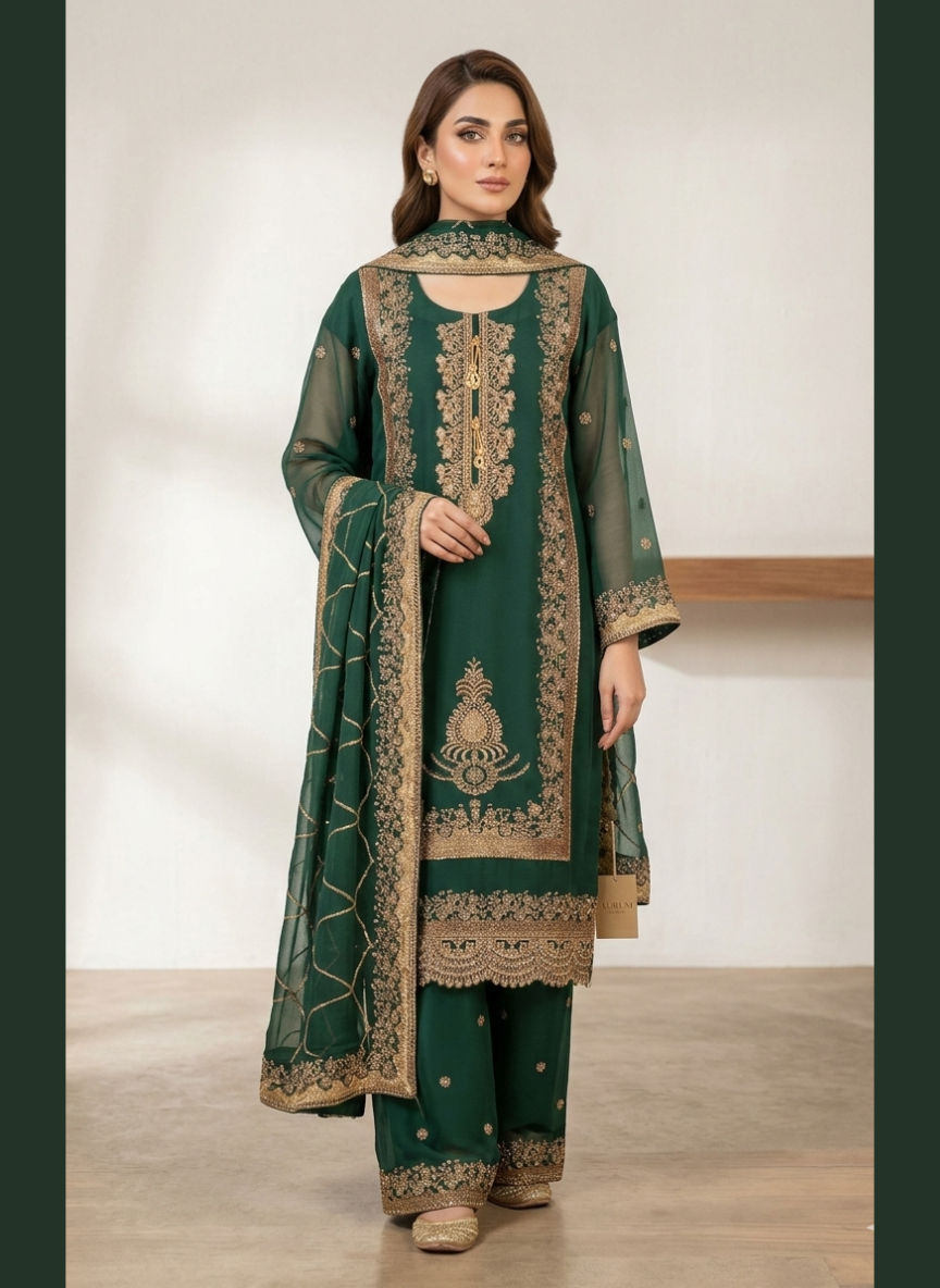 Luxury Zari Embroidered Pure Chiffon 3-Piece Suit – Press Nug Work | 6 Elegant Colors