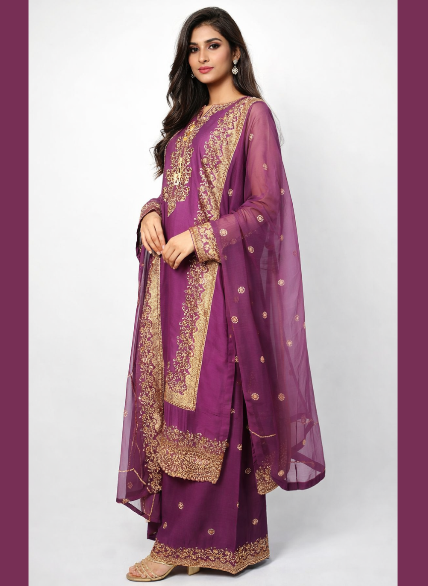 Luxury Zari Embroidered Pure Chiffon 3-Piece Suit – Press Nug Work | 6 Elegant Colors