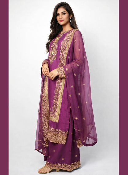 Luxury Zari Embroidered Pure Chiffon 3-Piece Suit – Press Nug Work | 6 Elegant Colors