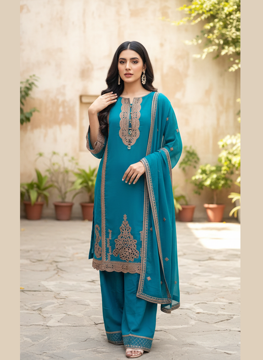 New Arrival Premium Chiffon 3PC Suit | Laser Cut Embroidery Shirt with Plazo & Dupatta
