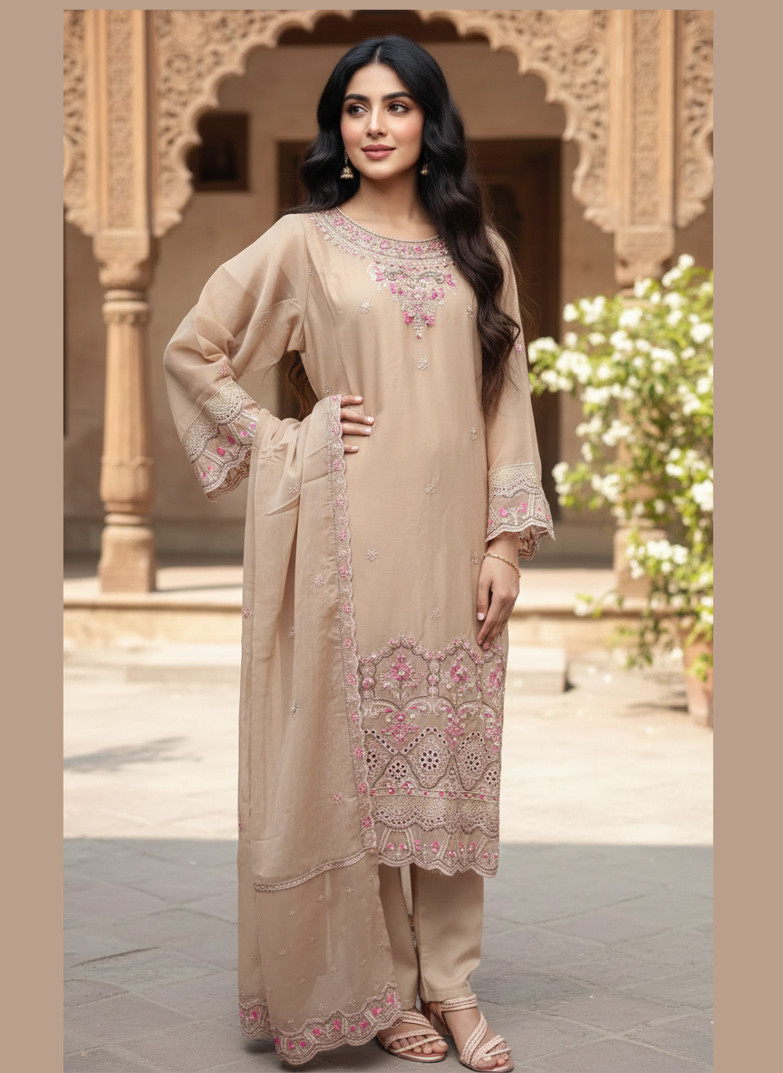 Luxe Bloom: Premium Embroidered Pure Chiffon 3-Piece Suite (Available in 4 Exquisite Colors)