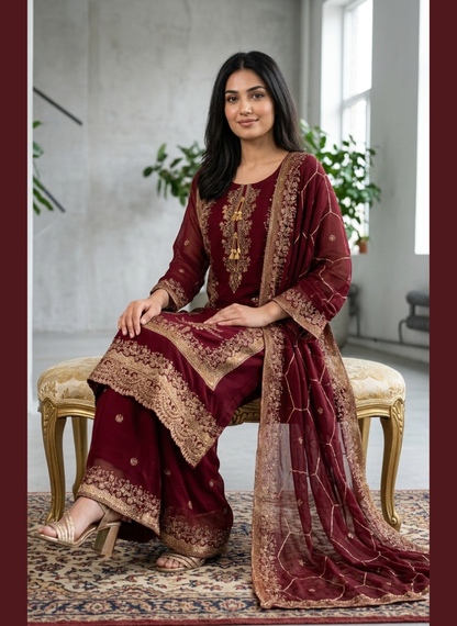 Luxury Zari Embroidered Pure Chiffon 3-Piece Suit – Press Nug Work | 6 Elegant Colors
