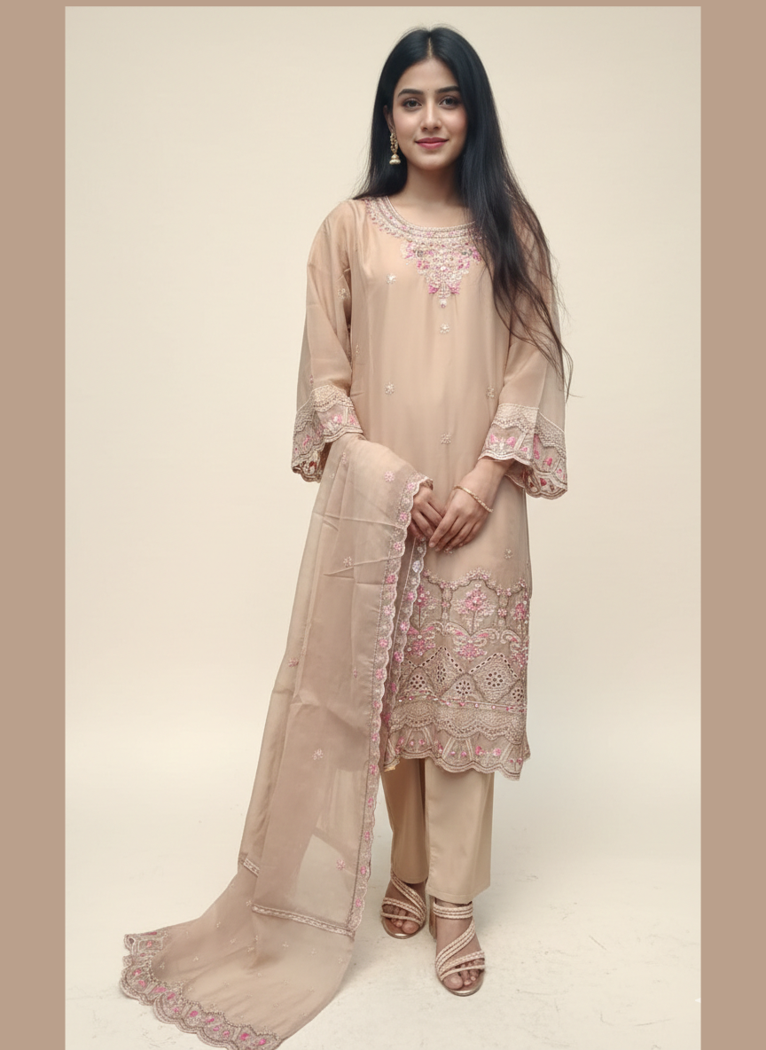 Luxe Bloom: Premium Embroidered Pure Chiffon 3-Piece Suite (Available in 4 Exquisite Colors)