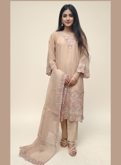 Luxe Bloom: Premium Embroidered Pure Chiffon 3-Piece Suite (Available in 4 Exquisite Colors)