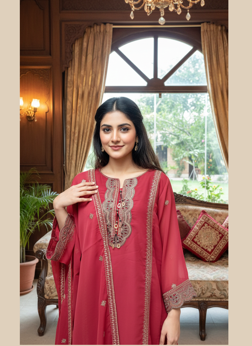 New Arrival Premium Chiffon 3PC Suit | Laser Cut Embroidery Shirt with Plazo & Dupatta