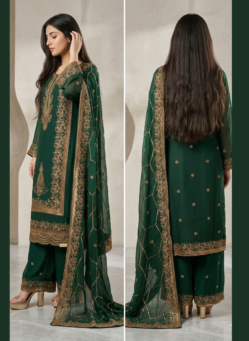 Luxury Zari Embroidered Pure Chiffon 3-Piece Suit – Press Nug Work | 6 Elegant Colors