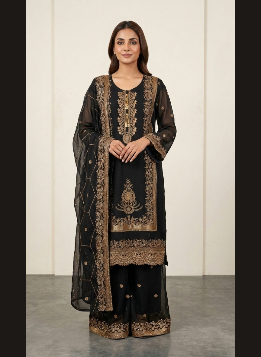 Luxury Zari Embroidered Pure Chiffon 3-Piece Suit – Press Nug Work | 6 Elegant Colors