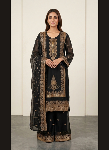 Luxury Zari Embroidered Pure Chiffon 3-Piece Suit – Press Nug Work | 6 Elegant Colors