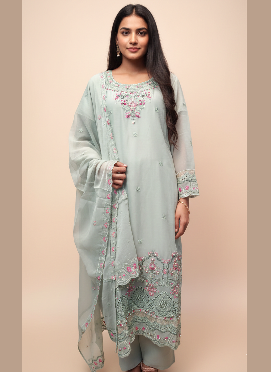 Luxe Bloom: Premium Embroidered Pure Chiffon 3-Piece Suite (Available in 4 Exquisite Colors)