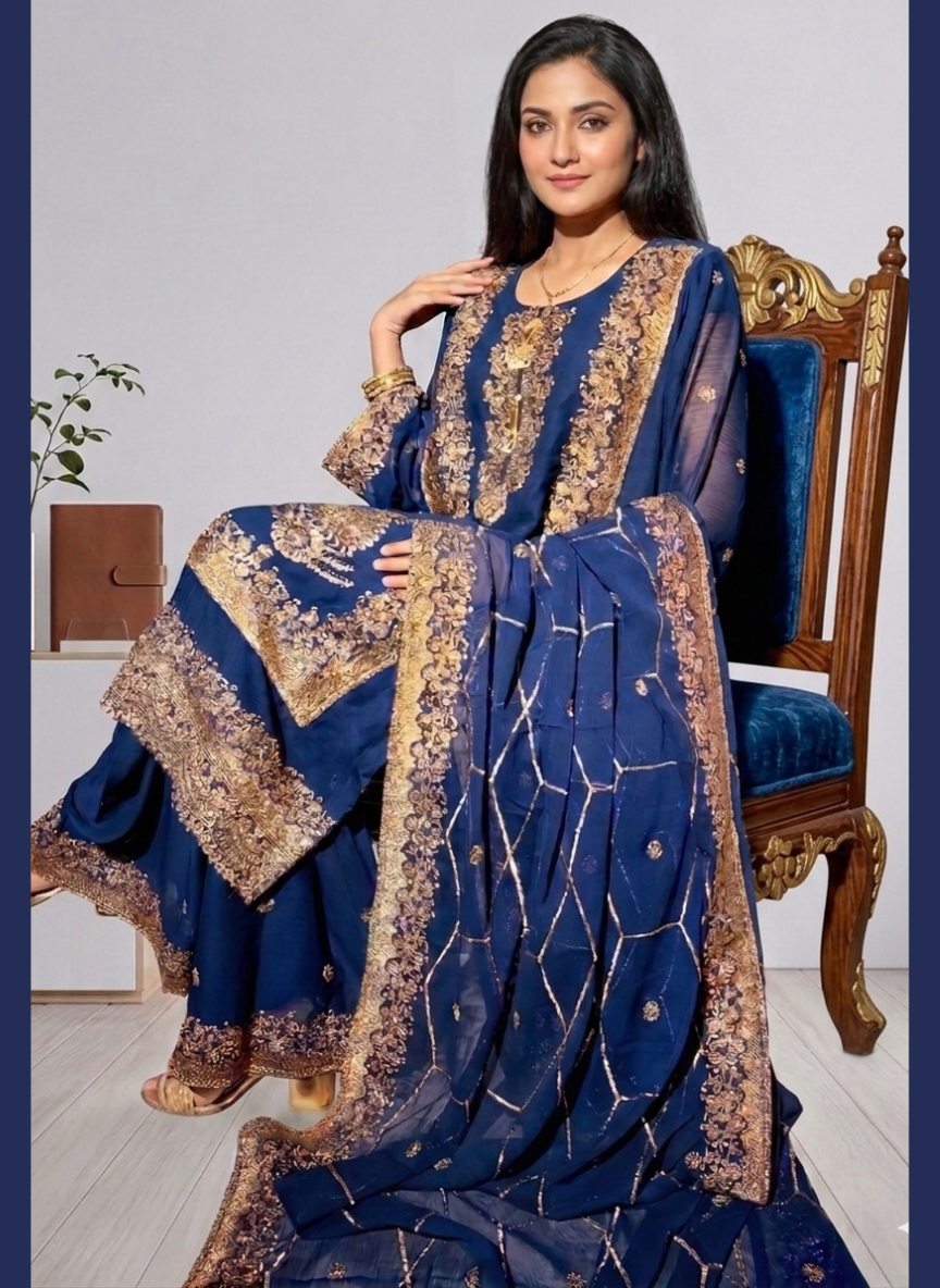 Luxury Zari Embroidered Pure Chiffon 3-Piece Suit – Press Nug Work | 6 Elegant Colors