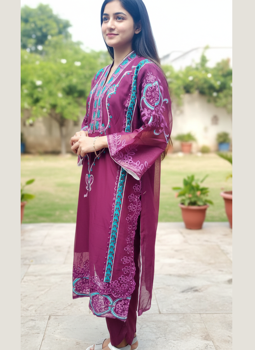 Botanical Boring Cutwork – Pure Chiffon Embroidered 3-Piece Suit