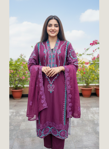 Botanical Boring Cutwork – Pure Chiffon Embroidered 3-Piece Suit