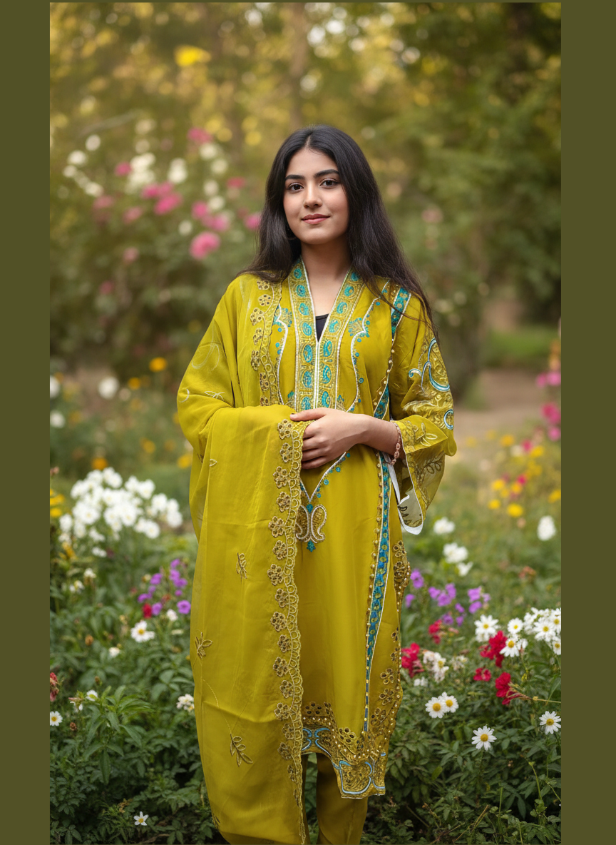 Botanical Boring Cutwork – Pure Chiffon Embroidered 3-Piece Suit