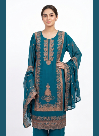 Luxury Zari Embroidered Pure Chiffon 3-Piece Suit – Press Nug Work | 6 Elegant Colors