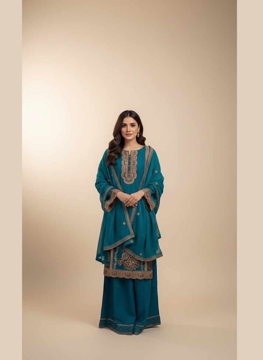 New Arrival Premium Chiffon 3PC Suit | Laser Cut Embroidery Shirt with Plazo & Dupatta
