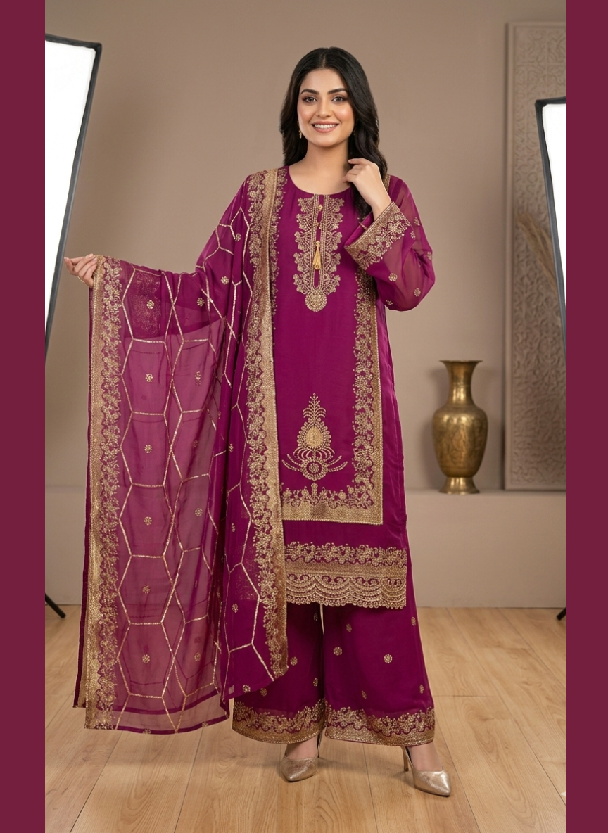 Luxury Zari Embroidered Pure Chiffon 3-Piece Suit – Press Nug Work | 6 Elegant Colors