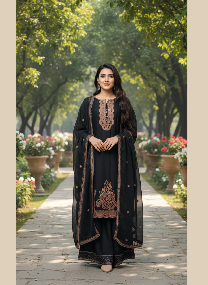 New Arrival Premium Chiffon 3PC Suit | Laser Cut Embroidery Shirt with Plazo & Dupatta