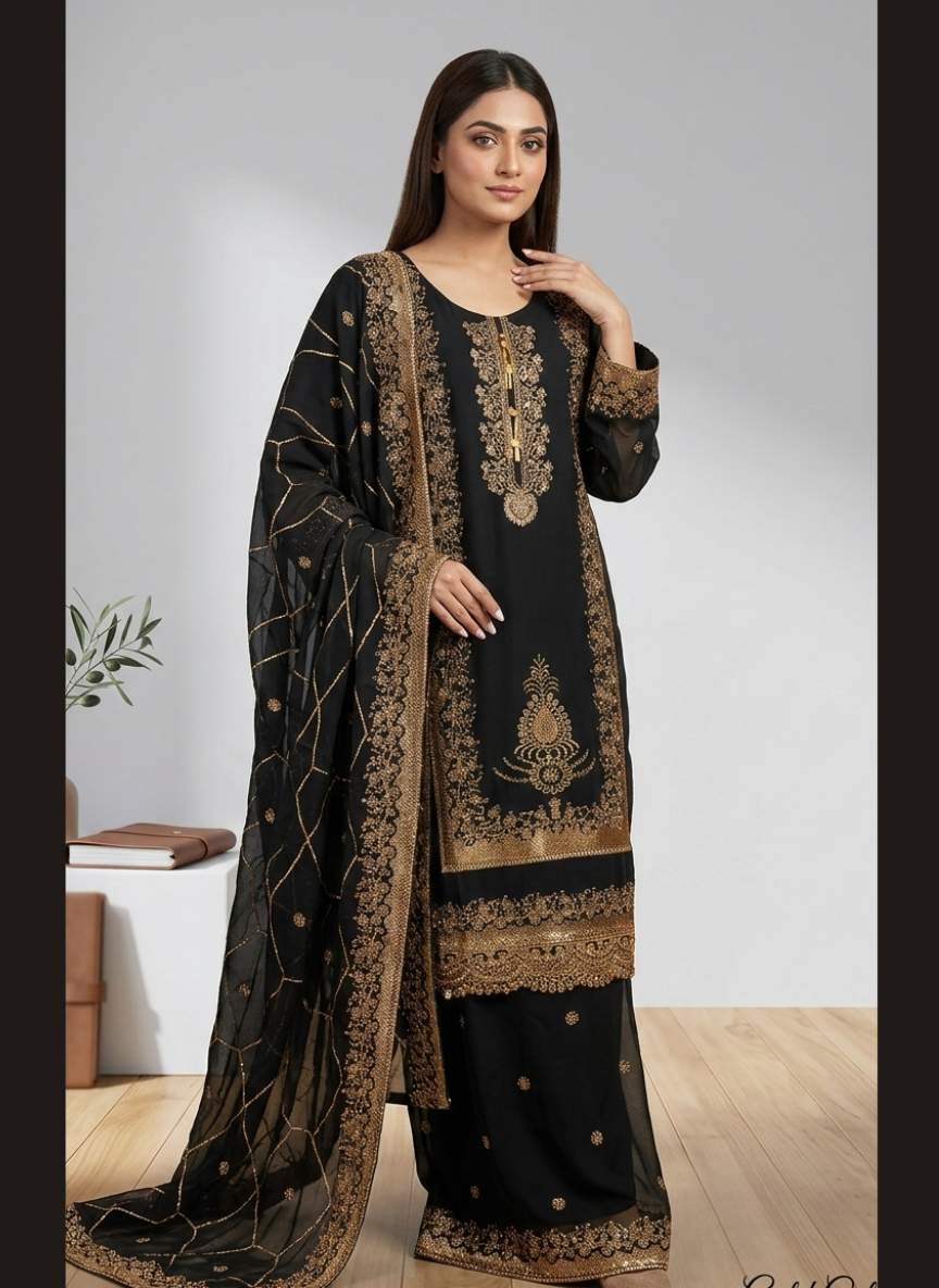Luxury Zari Embroidered Pure Chiffon 3-Piece Suit – Press Nug Work | 6 Elegant Colors